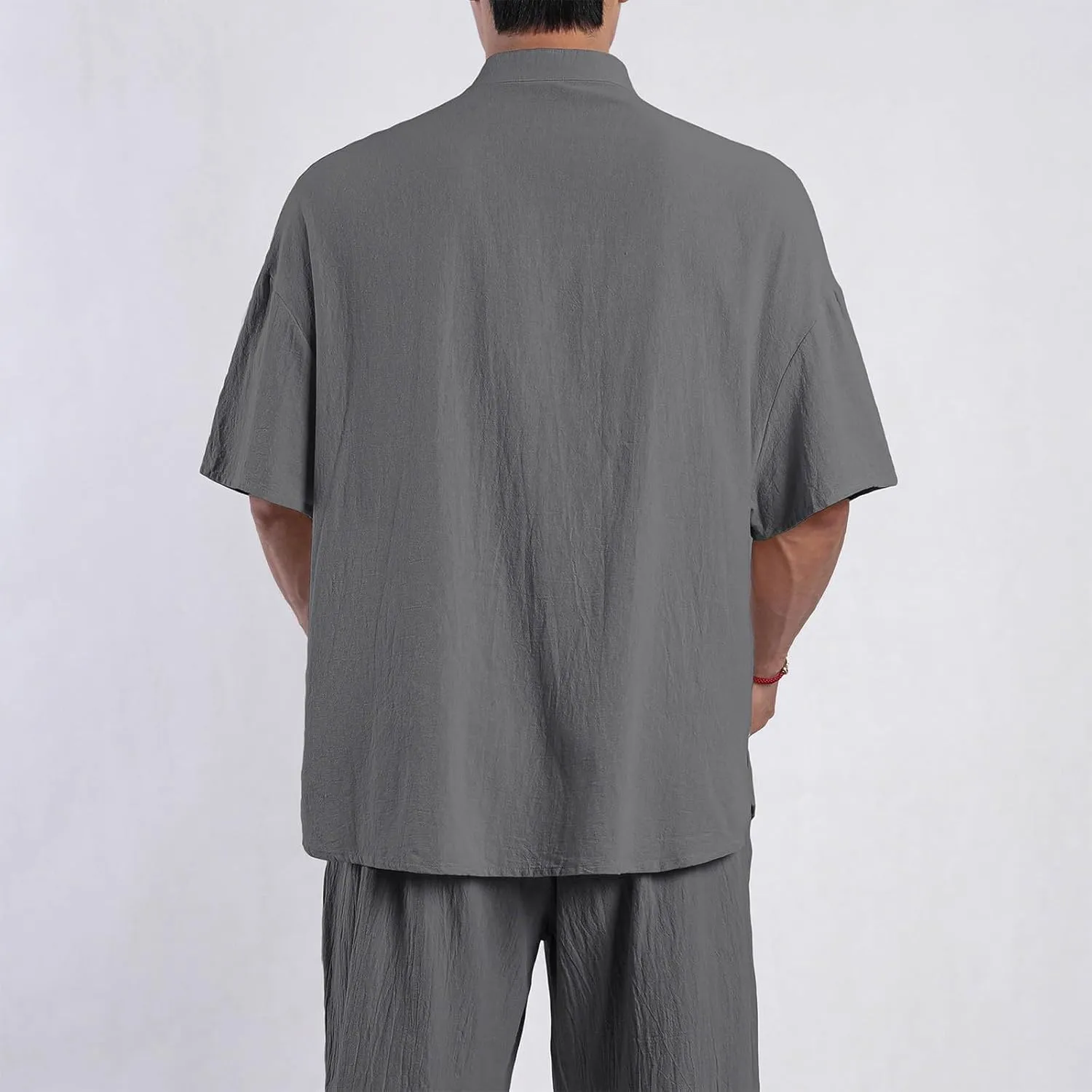 Linen Shirt for Men Button Down Short Sleeve Band Collar Casual Solid Shirts Relaxed Hawaiian Blouse with Pockets