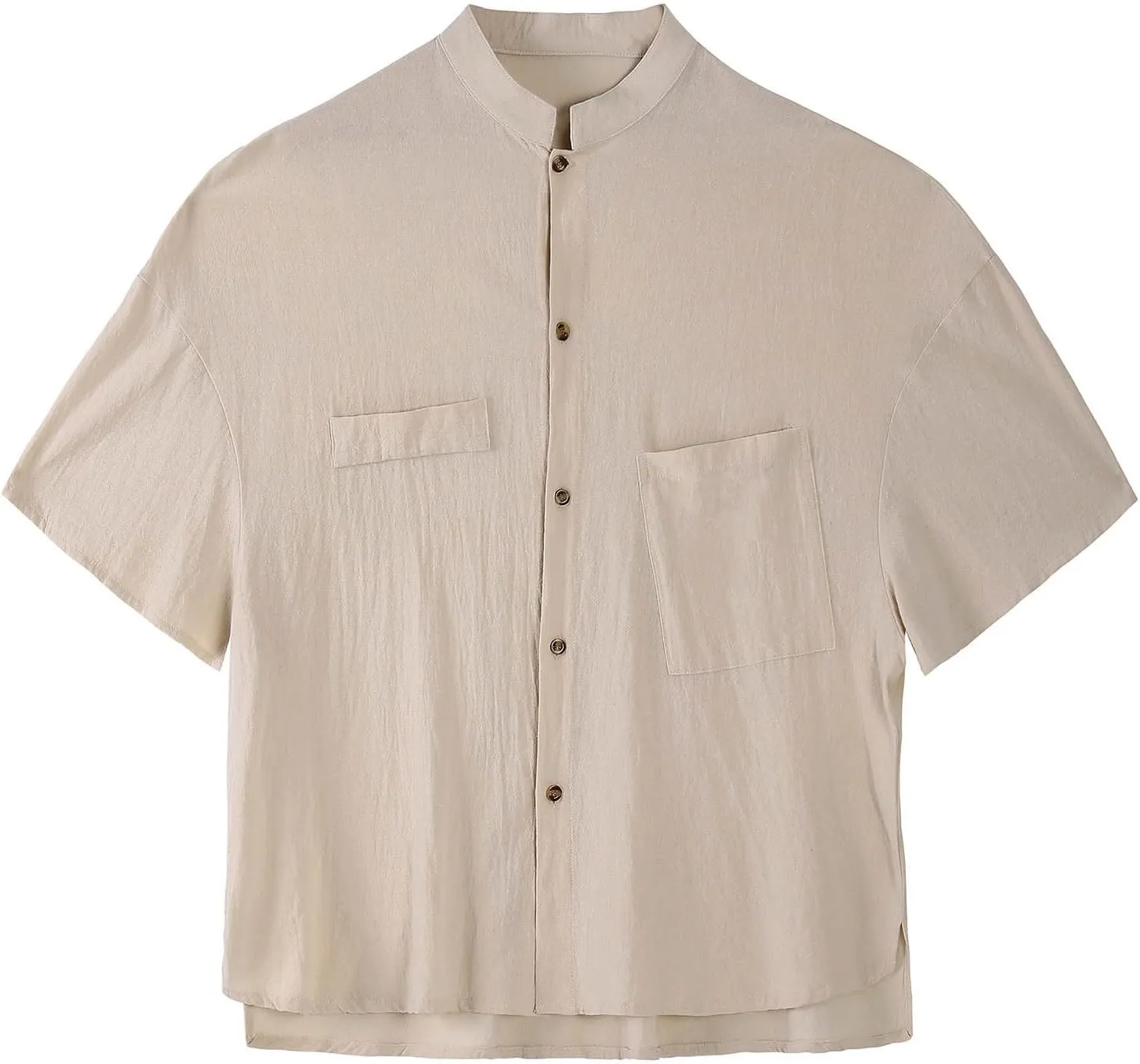 Linen Shirt for Men Button Down Short Sleeve Band Collar Casual Solid Shirts Relaxed Hawaiian Blouse with Pockets