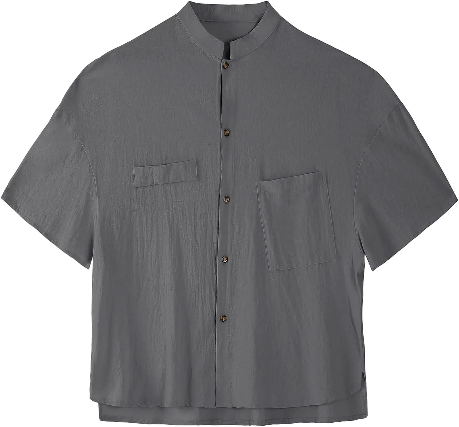 Linen Shirt for Men Button Down Short Sleeve Band Collar Casual Solid Shirts Relaxed Hawaiian Blouse with Pockets