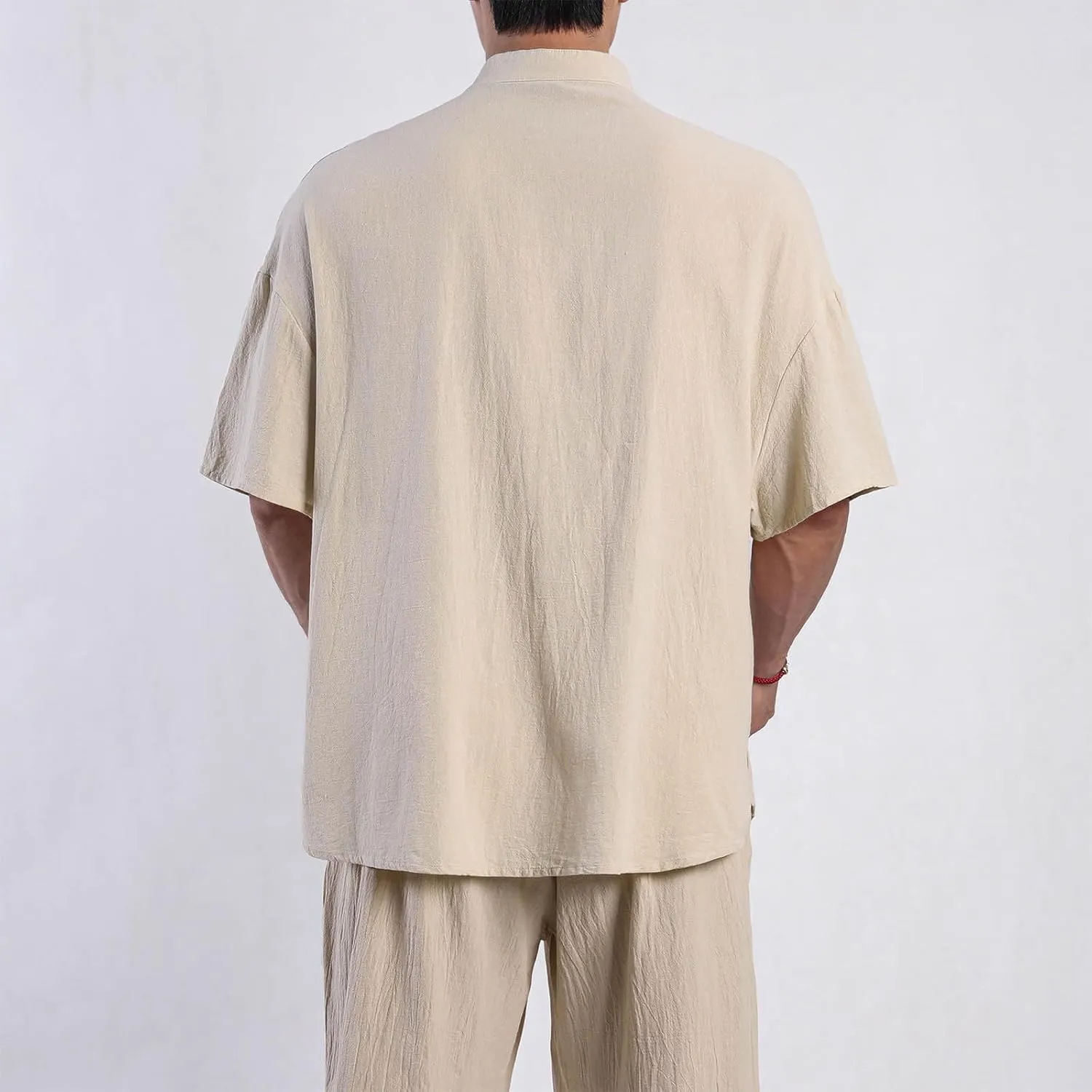 Linen Shirt for Men Button Down Short Sleeve Band Collar Casual Solid Shirts Relaxed Hawaiian Blouse with Pockets