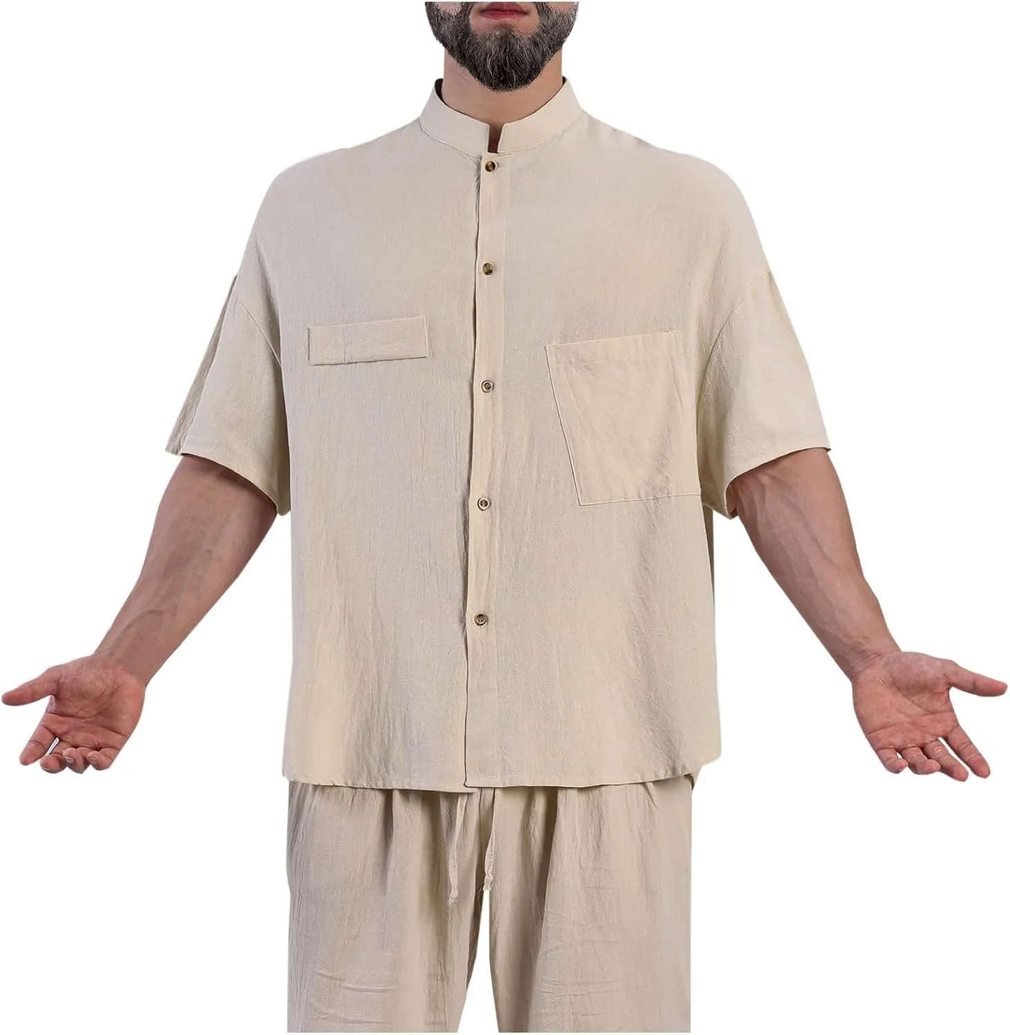 Linen Shirt for Men Button Down Short Sleeve Band Collar Casual Solid Shirts Relaxed Hawaiian Blouse with Pockets