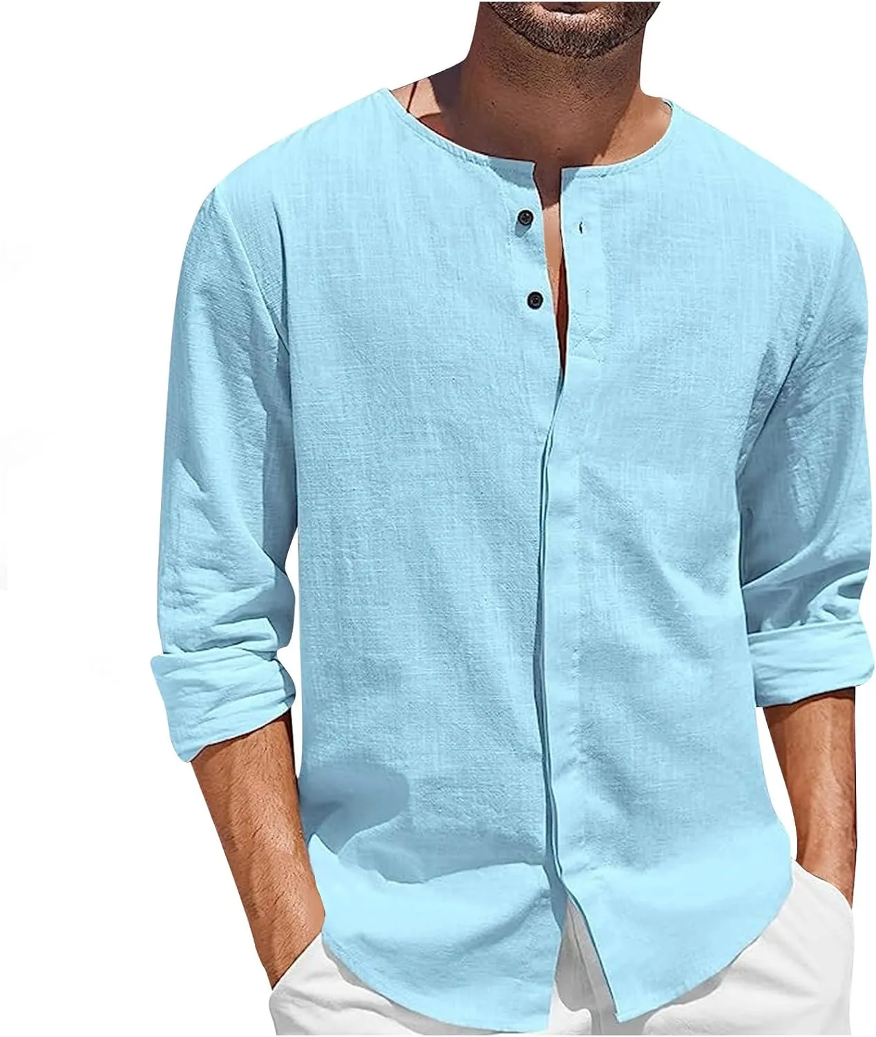 Linen Shirt for Men Casual Crew Neck Solid Color Long Sleeve Blouses Button Cotton Loose Trendy Hawaiian Shirts Top