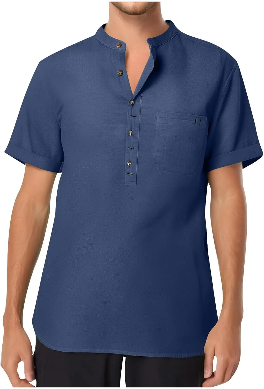 Linen Shirt Men Slim Button Short Sleeve Henley Tees Shirts with Pockets Solid Color Summer Hawaiian Blouses 2025