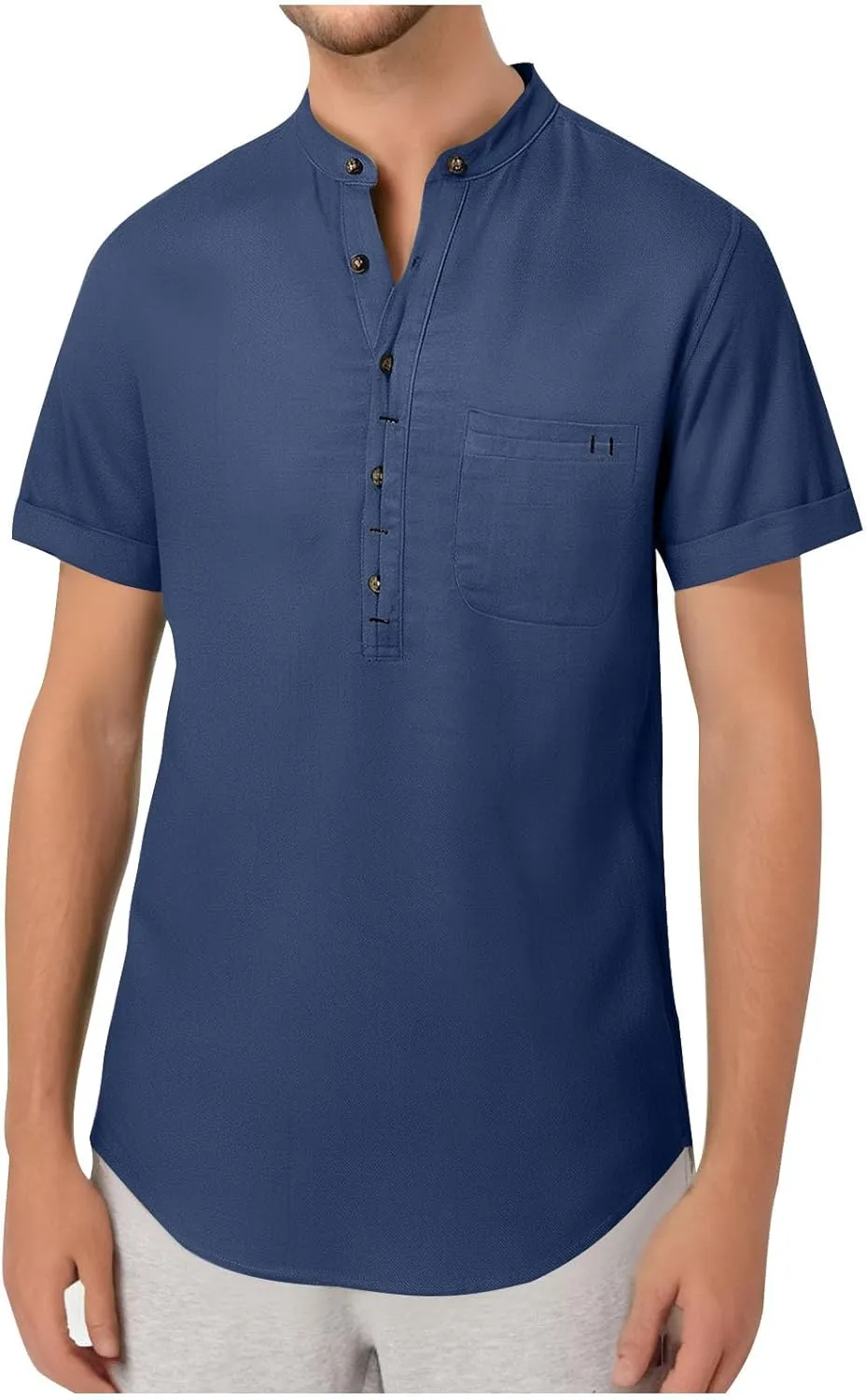 Linen Shirt Men Slim Button Short Sleeve Henley Tees Shirts with Pockets Solid Color Summer Hawaiian Blouses 2025