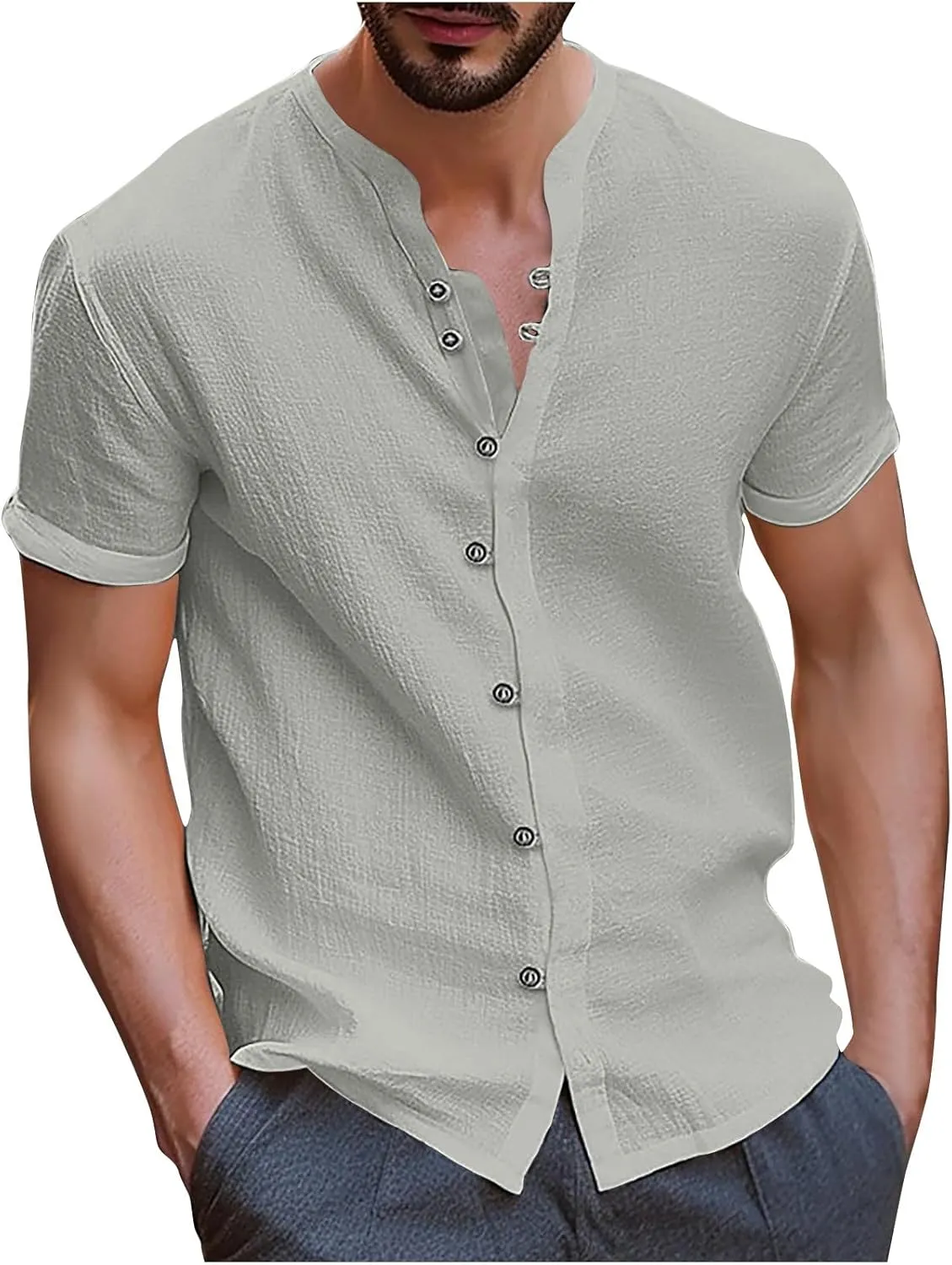 Linen Shirt Short Sleeve for Men Trendy Henley Button Down Solid Color Tee Shirts Casual Fashion 2025 Vacation Tops