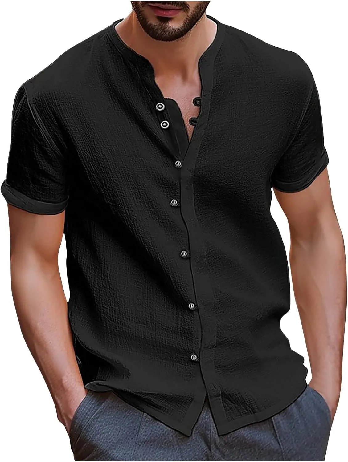 Linen Shirt Short Sleeve for Men Trendy Henley Button Down Solid Color Tee Shirts Casual Fashion 2025 Vacation Tops