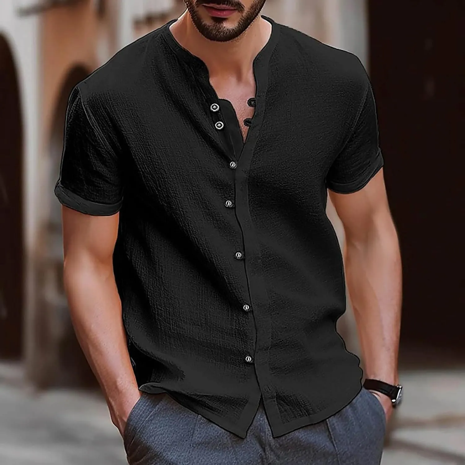 Linen Shirt Short Sleeve for Men Trendy Henley Button Down Solid Color Tee Shirts Casual Fashion 2025 Vacation Tops