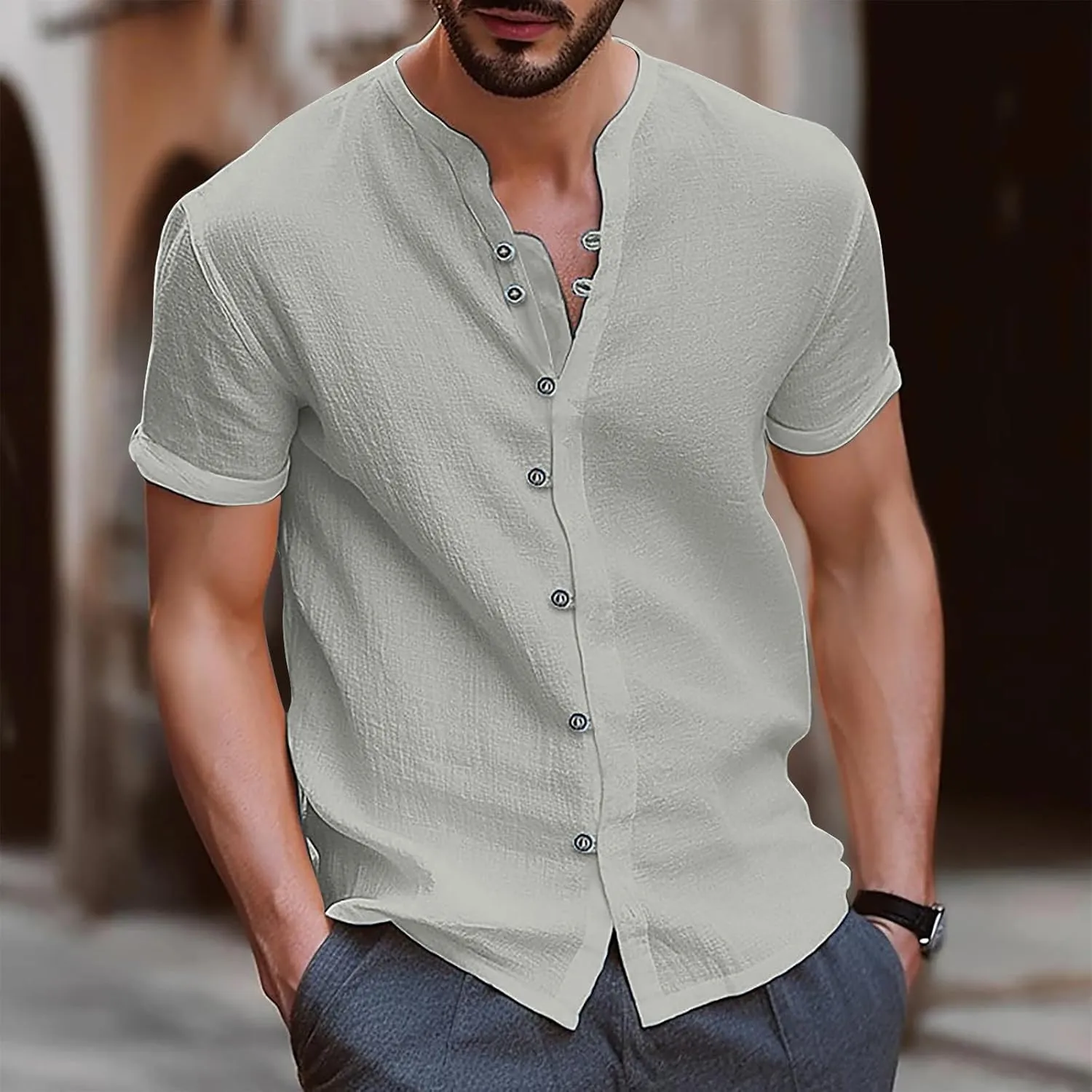 Linen Shirt Short Sleeve for Men Trendy Henley Button Down Solid Color Tee Shirts Casual Fashion 2025 Vacation Tops