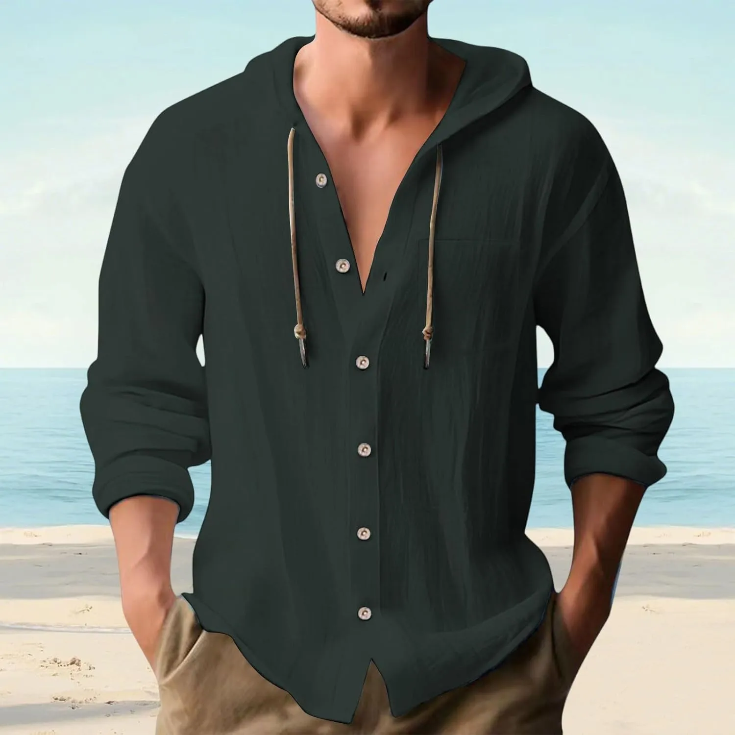 Linen Shirts for Men Long Sleeve Button Down Hoodies Sun Casual Beach Tee Linen Hawaiian V Neck T-Shirts with Pockets