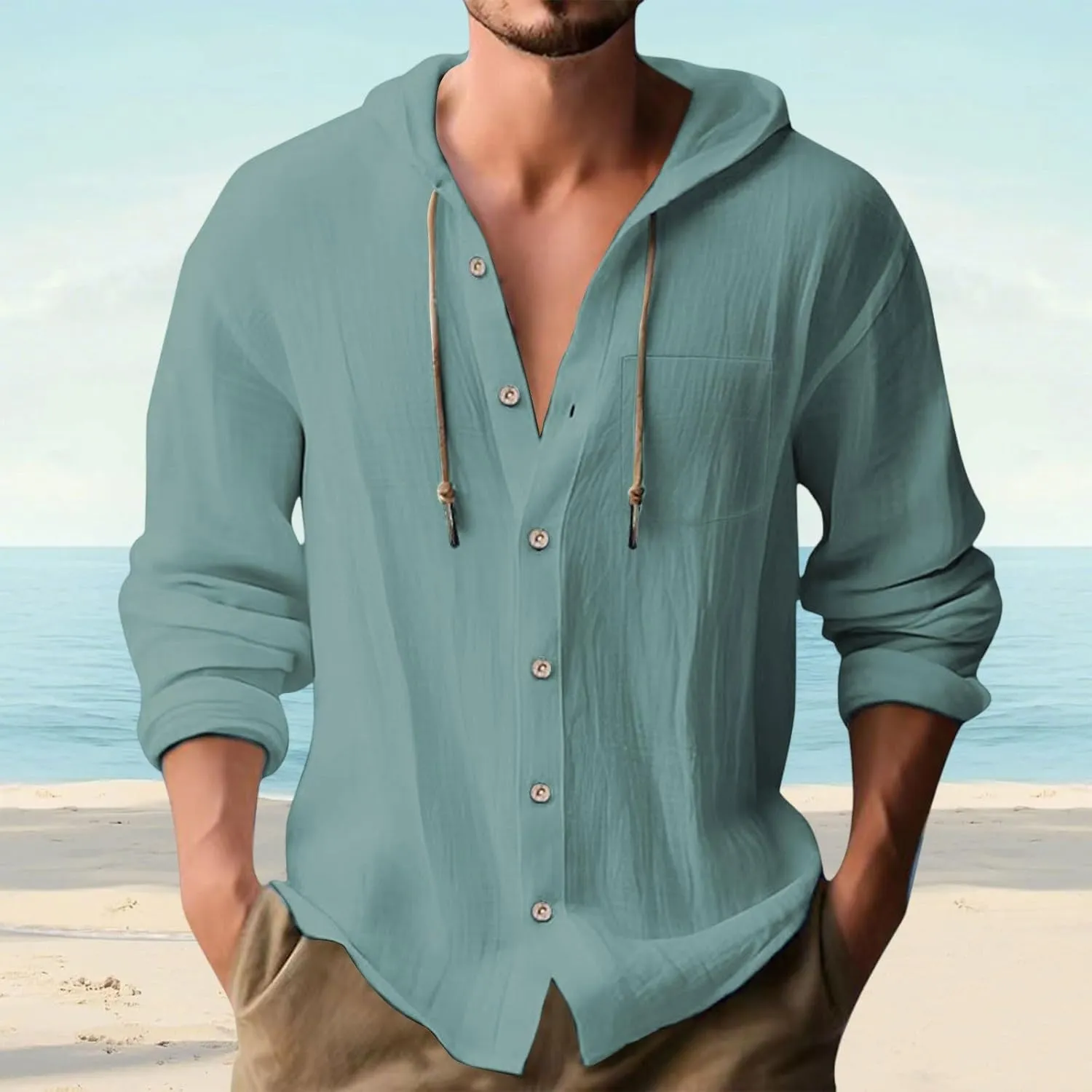 Linen Shirts for Men Long Sleeve Button Down Hoodies Sun Casual Beach Tee Linen Hawaiian V Neck T-Shirts with Pockets