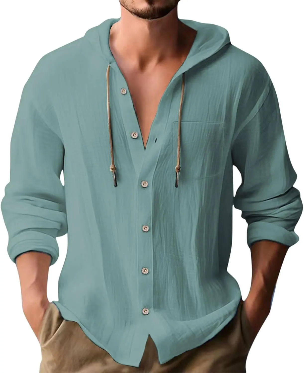 Linen Shirts for Men Long Sleeve Button Down Hoodies Sun Casual Beach Tee Linen Hawaiian V Neck T-Shirts with Pockets