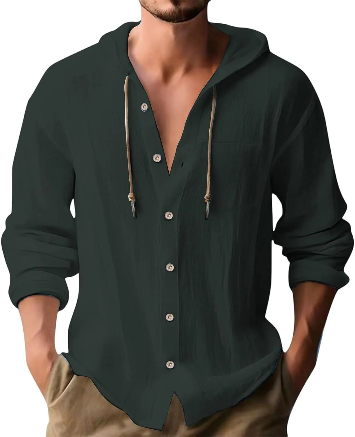 Linen Shirts for Men Long Sleeve Button Down Hoodies Sun Casual Beach Tee Linen Hawaiian V Neck T-Shirts with Pockets