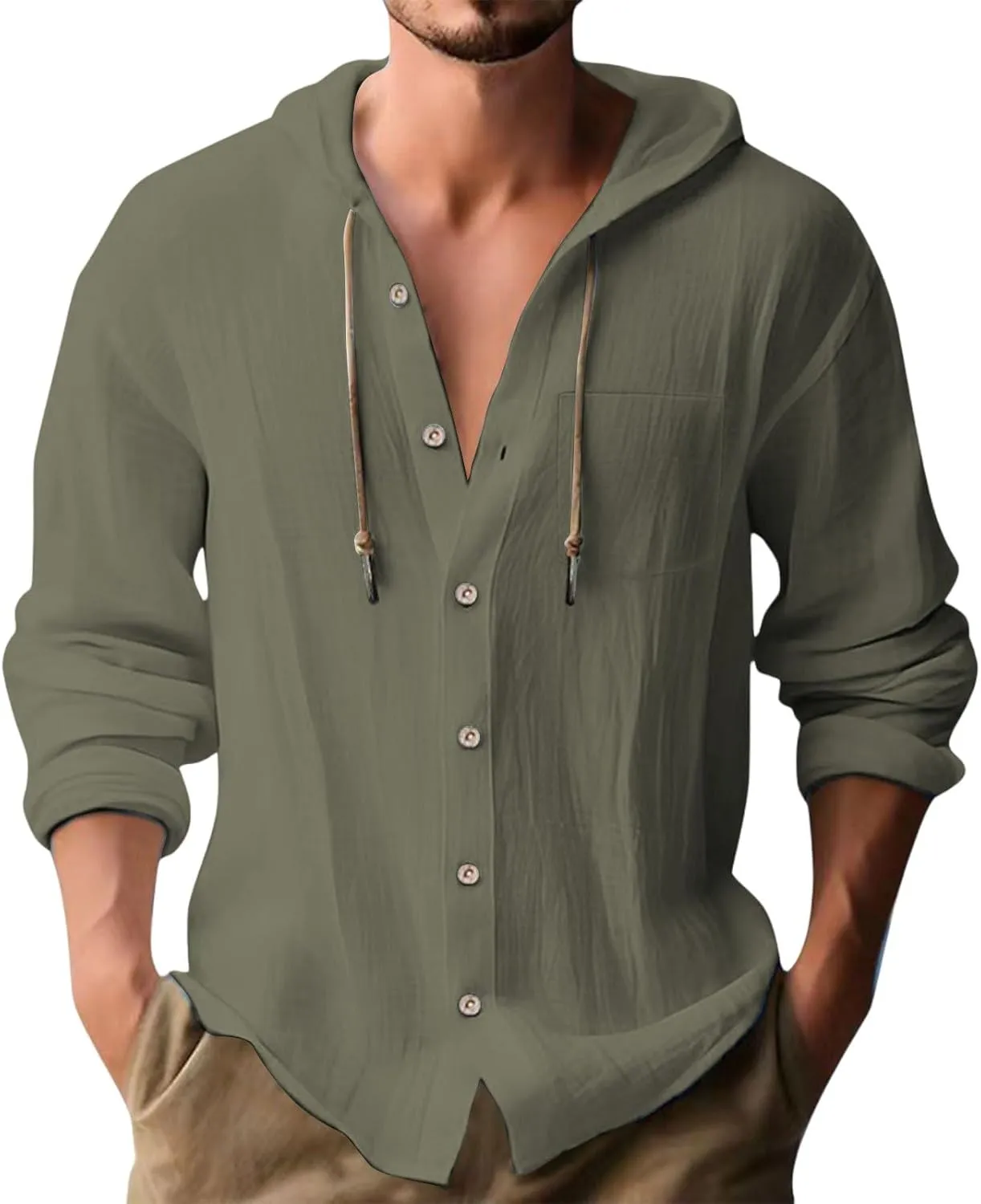 Linen Shirts for Men Long Sleeve Button Down Hoodies Sun Casual Beach Tee Linen Hawaiian V Neck T-Shirts with Pockets