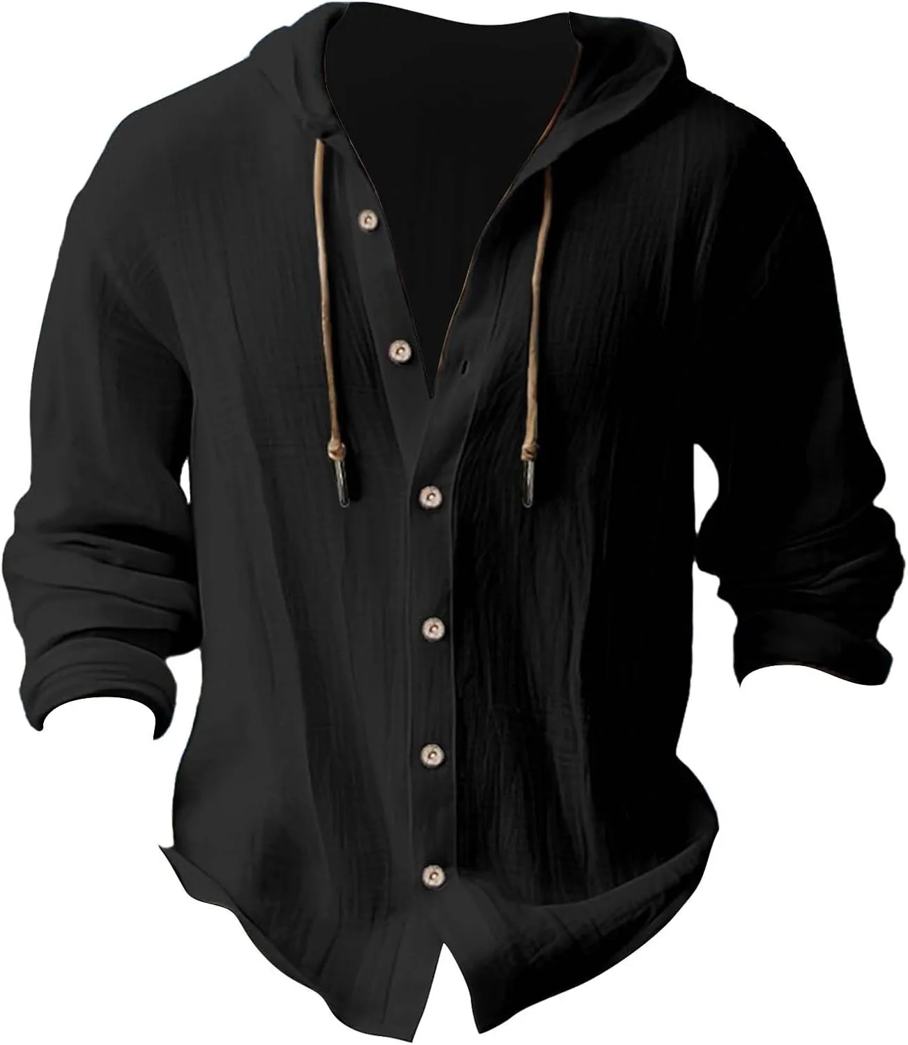 Linen Shirts for Men with Hood Long Sleeve Button Down Hawaiian Shirts Cotton Linen Summer Beach Hoodie Gauze Tops