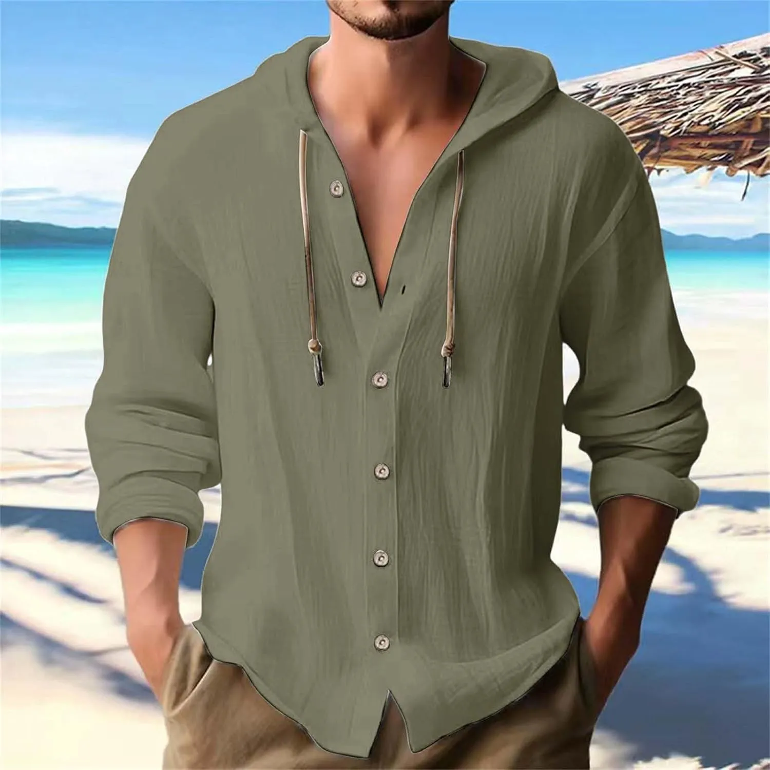 Linen Shirts for Men with Hood Long Sleeve Button Down Hawaiian Shirts Cotton Linen Summer Beach Hoodie Gauze Tops