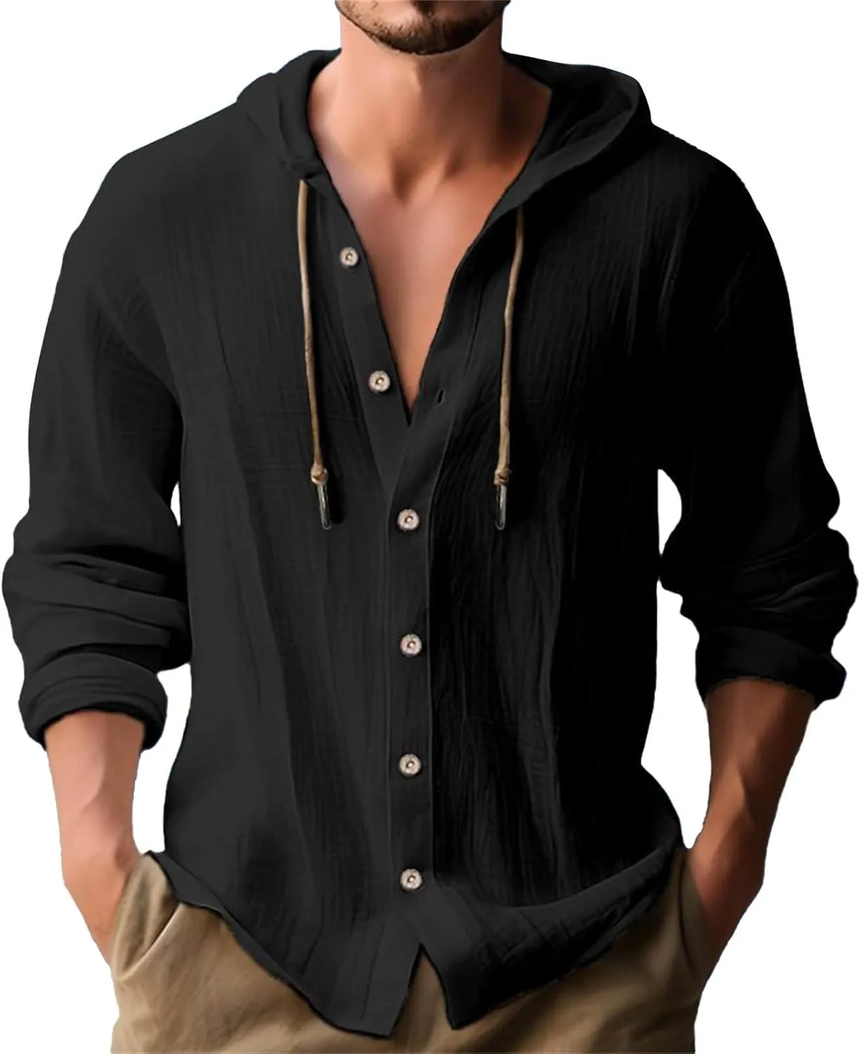 Linen Shirts for Men with Hood Long Sleeve Button Down Hawaiian Shirts Cotton Linen Summer Beach Hoodie Gauze Tops