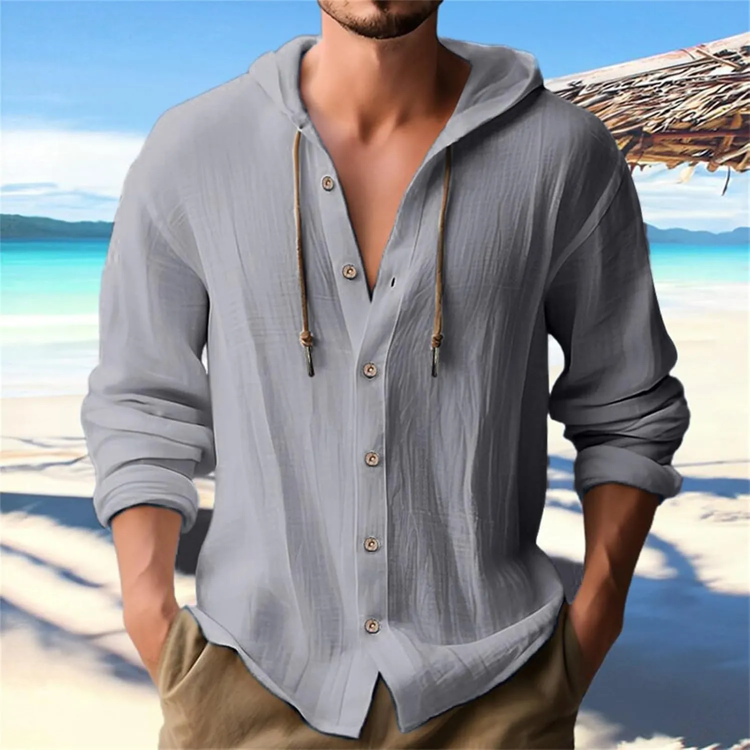 Linen Shirts for Men with Hood Long Sleeve Button Down Hawaiian Shirts Cotton Linen Summer Beach Hoodie Gauze Tops