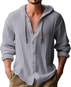 Linen Shirts for Men with Hood Long Sleeve Button Down Hawaiian Shirts Cotton Linen Summer Beach Hoodie Gauze Tops