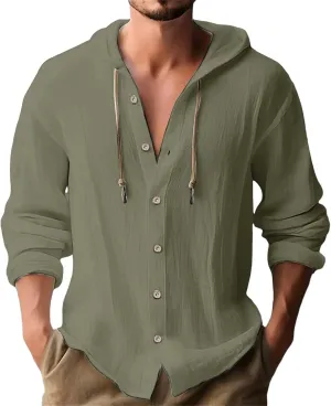 Linen Shirts for Men with Hood Long Sleeve Button Down Hawaiian Shirts Cotton Linen Summer Beach Hoodie Gauze Tops