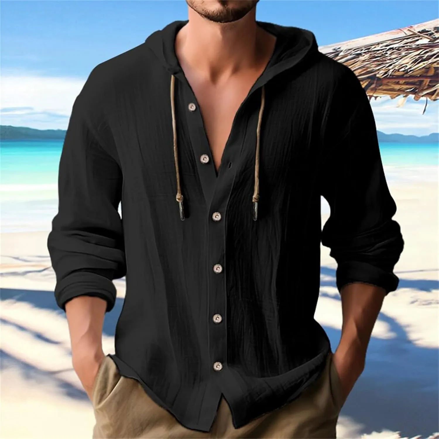 Linen Shirts for Men with Hood Long Sleeve Button Down Hawaiian Shirts Cotton Linen Summer Beach Hoodie Gauze Tops