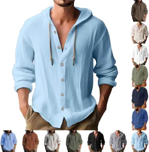 Linen Shirts for Men with Hood Long Sleeve Button Down Hawaiian Shirts Cotton Linen Summer Beach Hoodie Gauze Tops