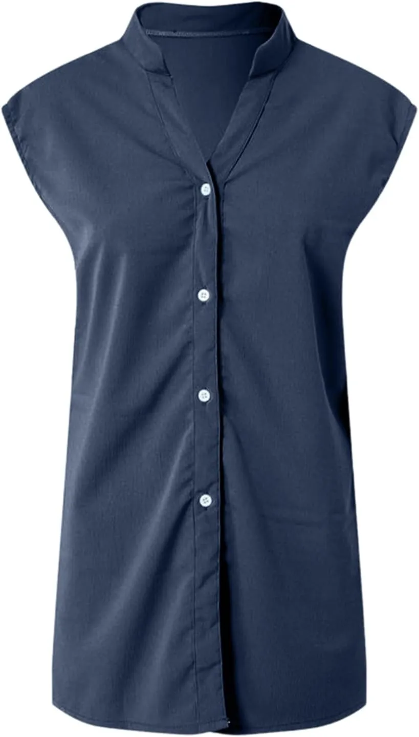 Linen Tank Tops for Women Loose Fit Summer Tops Trendy Sleeveless Casual Button V Neck Tunic Blouses Outfits 2025