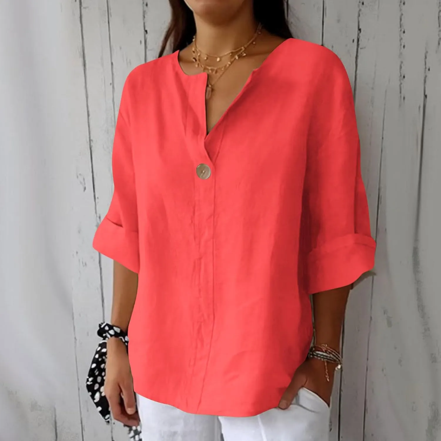 Linen Tops for Women 2025 Summer Trendy 3/4 Sleeve Cotton Linen Shirt Casual Button V Neck Tunic Blouses Plus Size