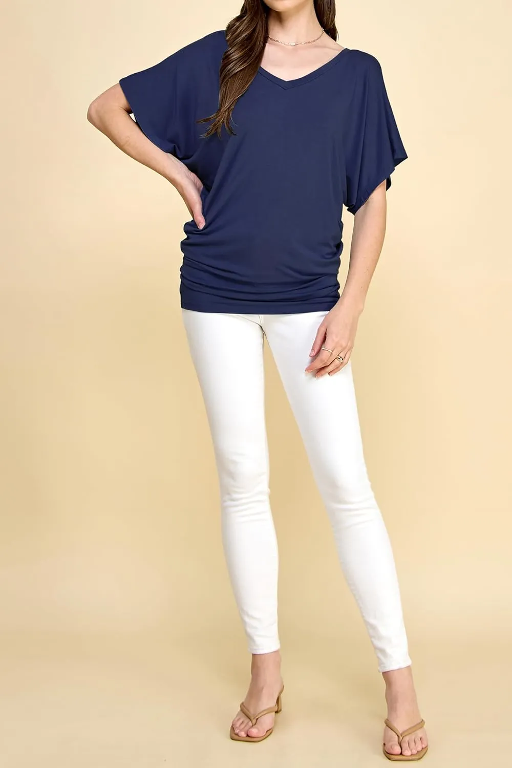 Lock and Love Women's Versatile Casual Short Sleeve Dolman Top  Loose Fit Boat Neck & V-Neck T-Shirt