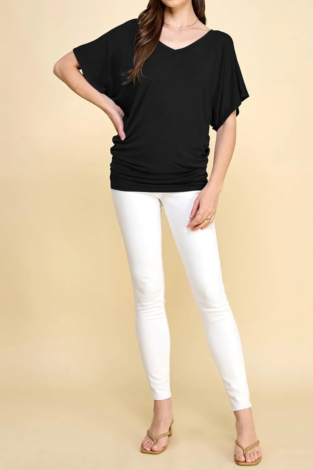 Lock and Love Women's Versatile Casual Short Sleeve Dolman Top  Loose Fit Boat Neck & V-Neck T-Shirt