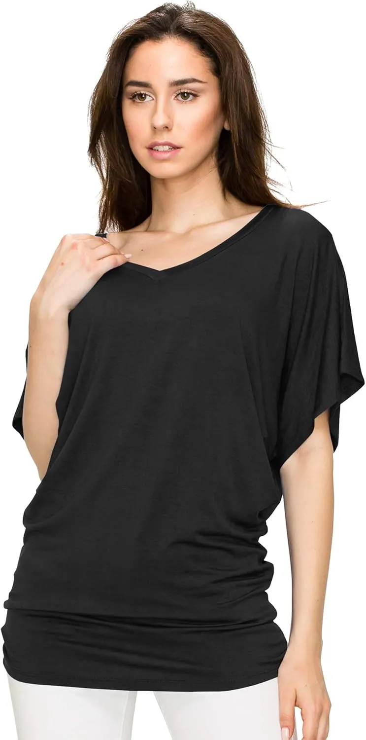 Lock and Love Women's Versatile Casual Short Sleeve Dolman Top  Loose Fit Boat Neck & V-Neck T-Shirt