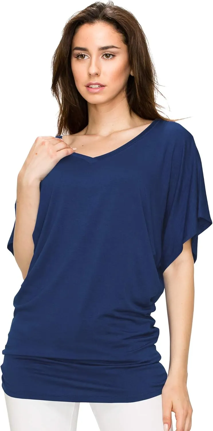 Lock and Love Women's Versatile Casual Short Sleeve Dolman Top  Loose Fit Boat Neck & V-Neck T-Shirt