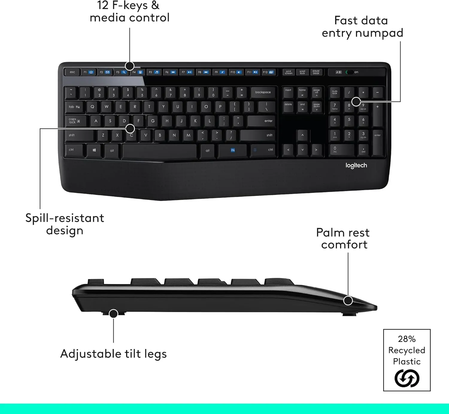 Logitech MK345 Wireless Keyboard and Mouse Combo with Palm Rest, 2.4 GHz USB Receiver, Compatible with PC, Laptop, Black