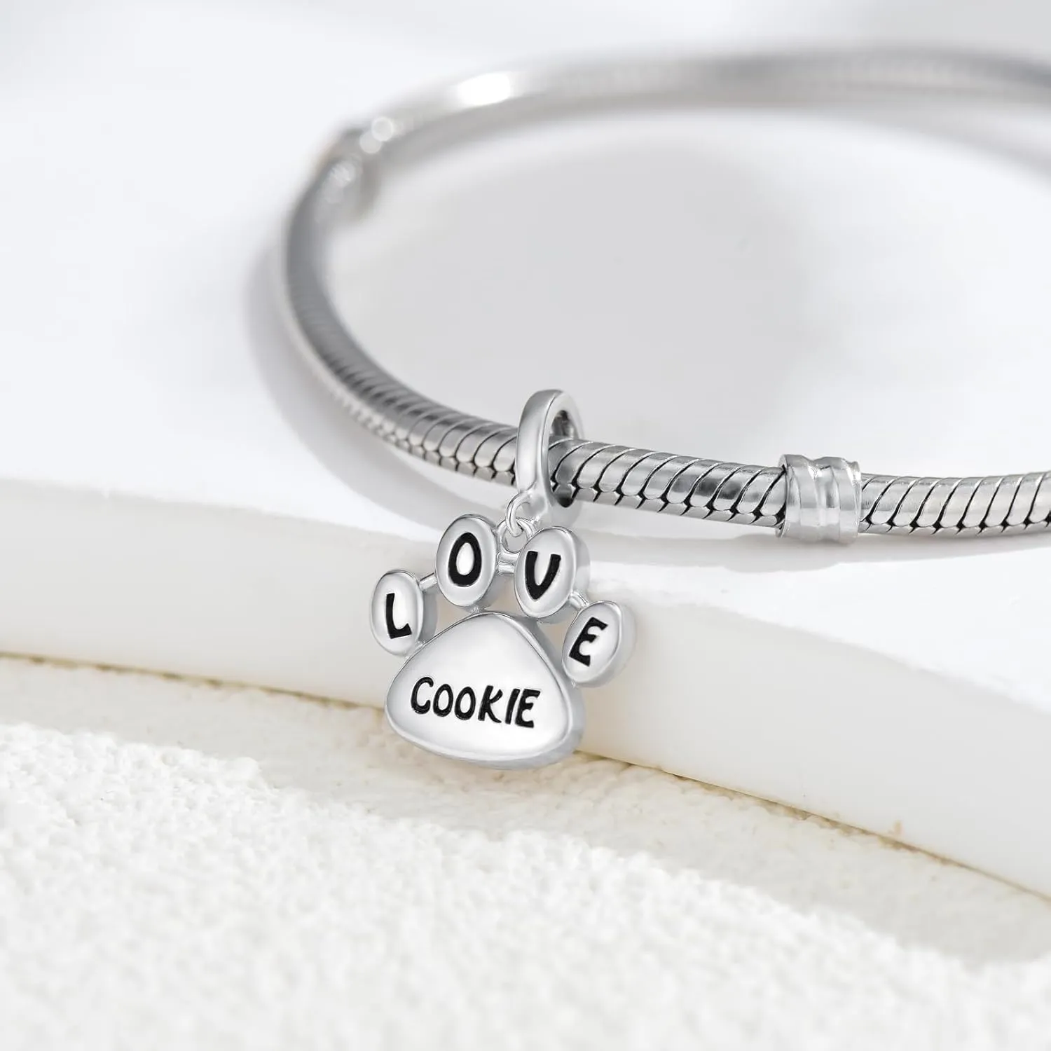LONAGO Personalized Engraved Name Dog Paw Charm Bead 925 Sterling Silver Customized Pet Charm Fit Snake Bracelet Memorial Jewelry Gift for Women Mom