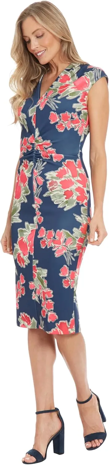 London Times Women's Ext Shoulder V-Neck Cf Ruched Midi Dress