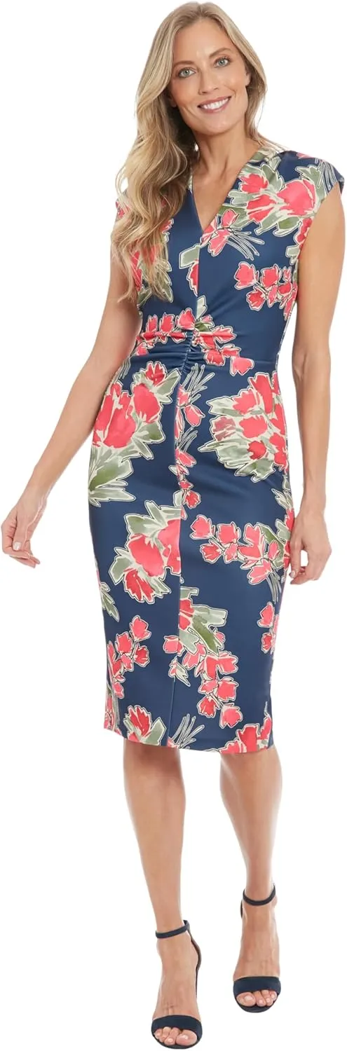 London Times Women's Ext Shoulder V-Neck Cf Ruched Midi Dress