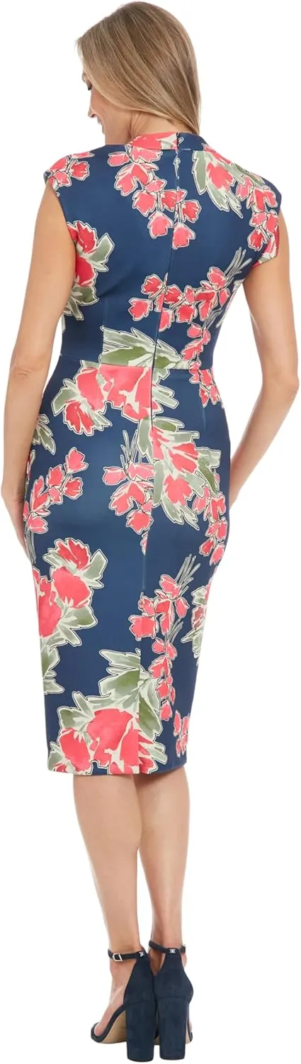 London Times Women's Ext Shoulder V-Neck Cf Ruched Midi Dress