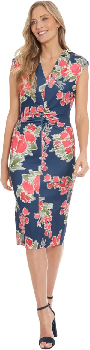 London Times Women's Ext Shoulder V-Neck Cf Ruched Midi Dress