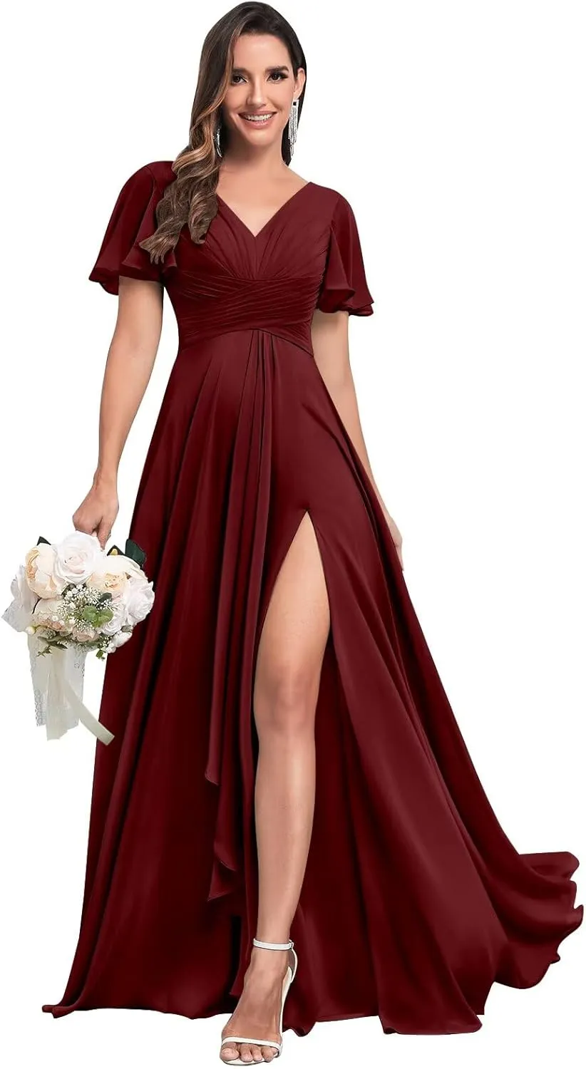 Long Chiffon Bridesmaid Dresses for Women V Neck Elegant Ruffle Formal Evening Gown with Sleeves