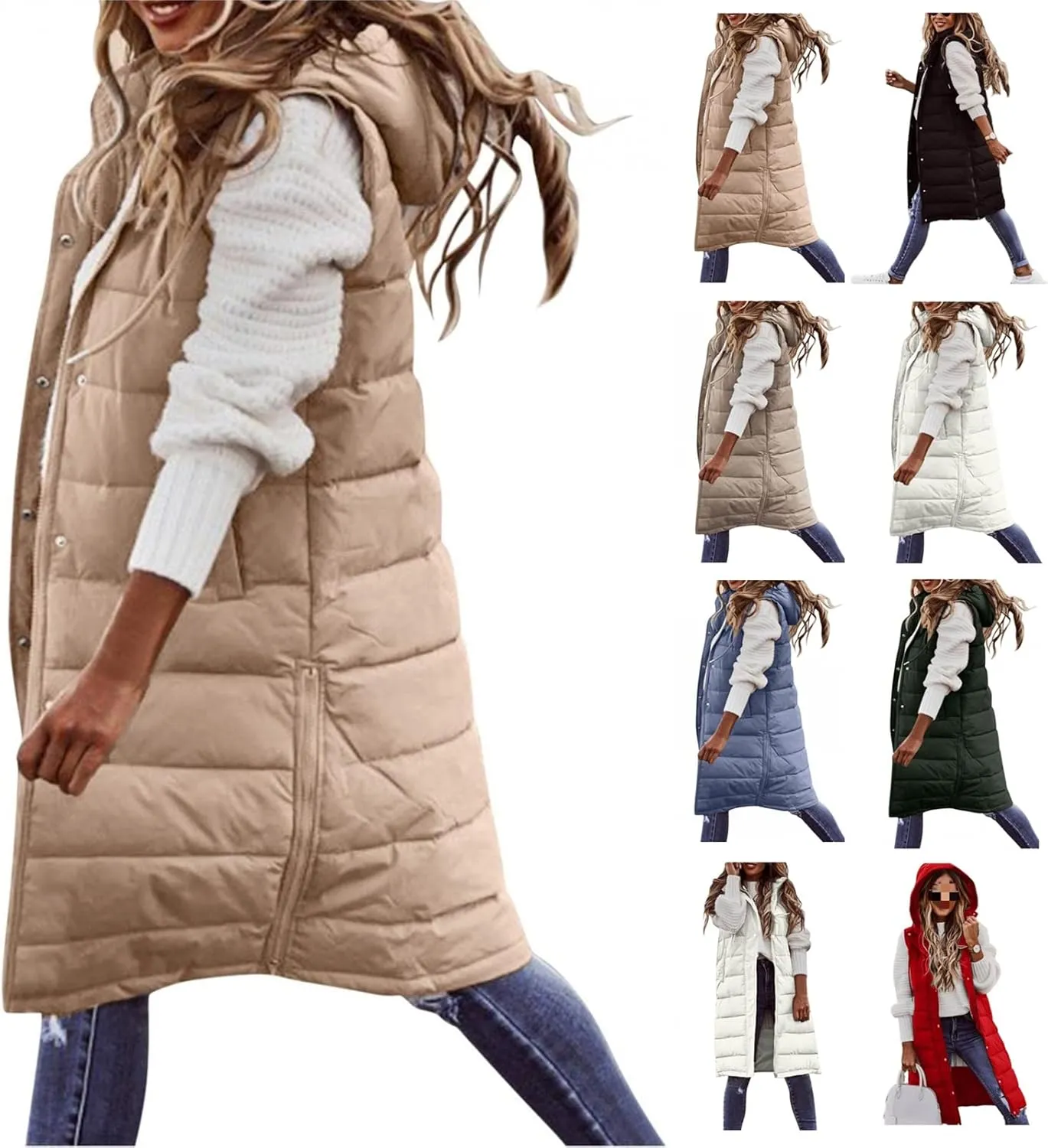 Long Puffer Vest for Women Long Vest Jacket Full Zipper Hoodies Sleeveless Outdoor Coats Lightweight Windbreakers