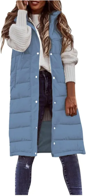 Long Puffer Vest for Women Long Vest Jacket Full Zipper Hoodies Sleeveless Outdoor Coats Lightweight Windbreakers