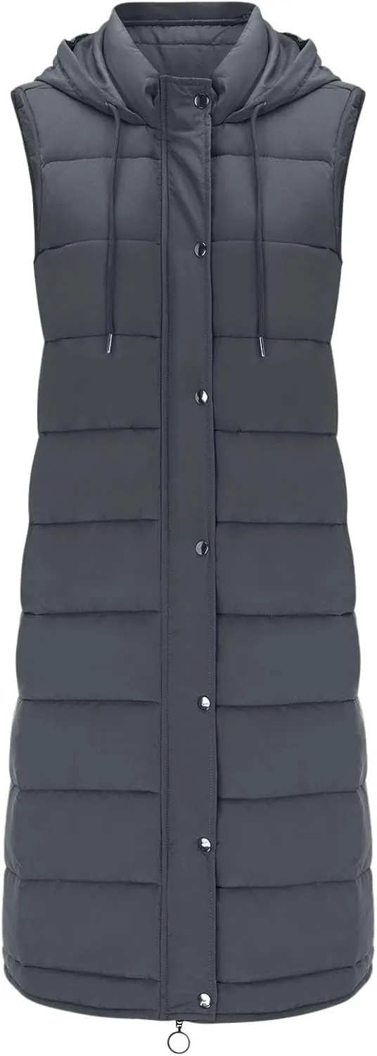 Long Puffer Vest for Women Long Vest Jacket Full Zipper Hoodies Sleeveless Outdoor Coats Lightweight Windbreakers