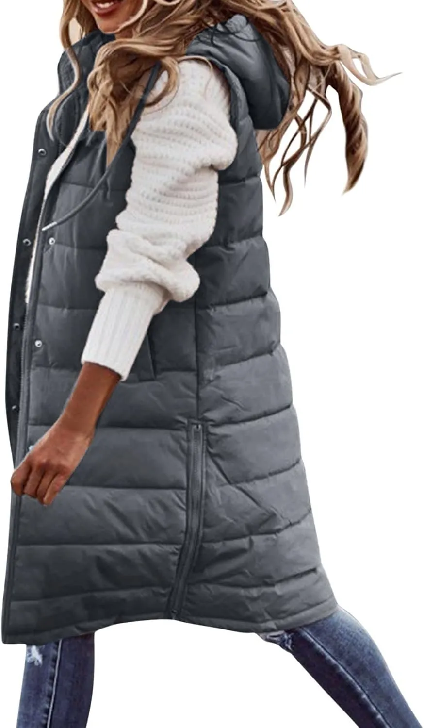 Long Puffer Vest for Women Long Vest Jacket Full Zipper Hoodies Sleeveless Outdoor Coats Lightweight Windbreakers