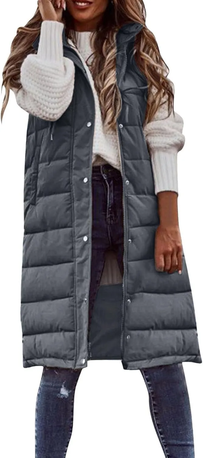 Long Puffer Vest for Women Long Vest Jacket Full Zipper Hoodies Sleeveless Outdoor Coats Lightweight Windbreakers