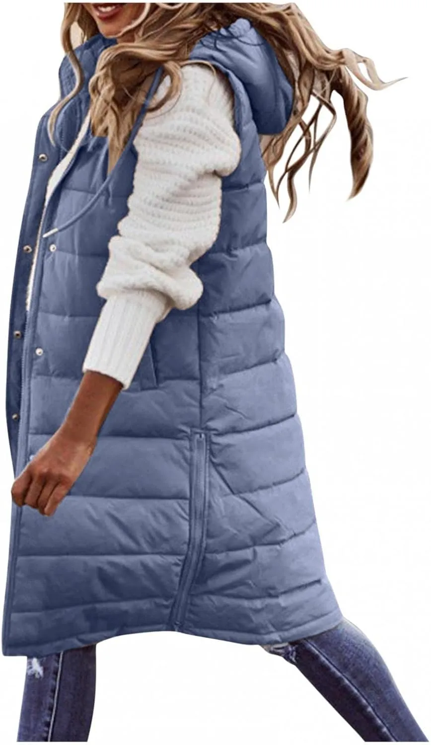 Long Puffer Vest for Women Long Vest Jacket Full Zipper Hoodies Sleeveless Outdoor Coats Lightweight Windbreakers
