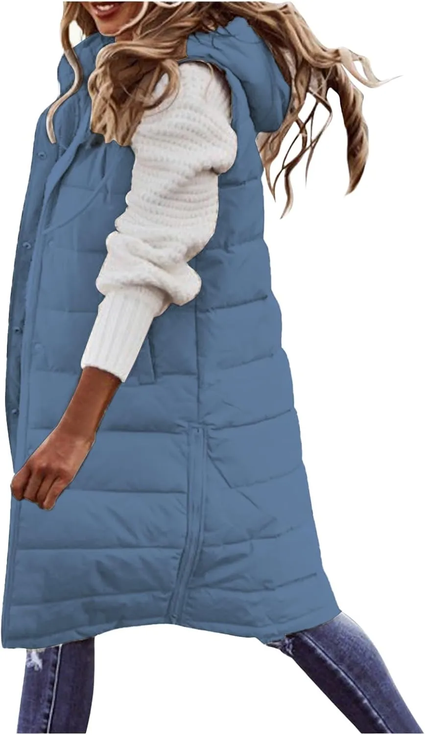 Long Puffer Vest for Women Long Vest Jacket Full Zipper Hoodies Sleeveless Outdoor Coats Lightweight Windbreakers