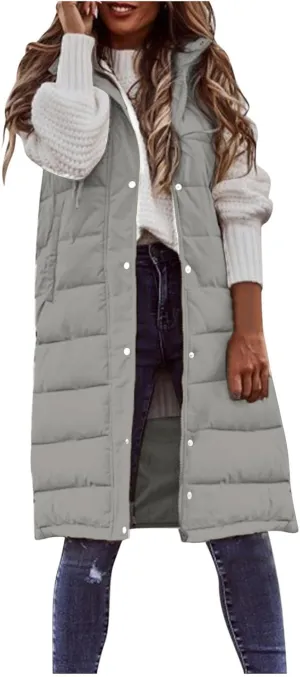 Long Puffer Vest for Women Long Vest Jacket Full Zipper Hoodies Sleeveless Outdoor Coats Lightweight Windbreakers