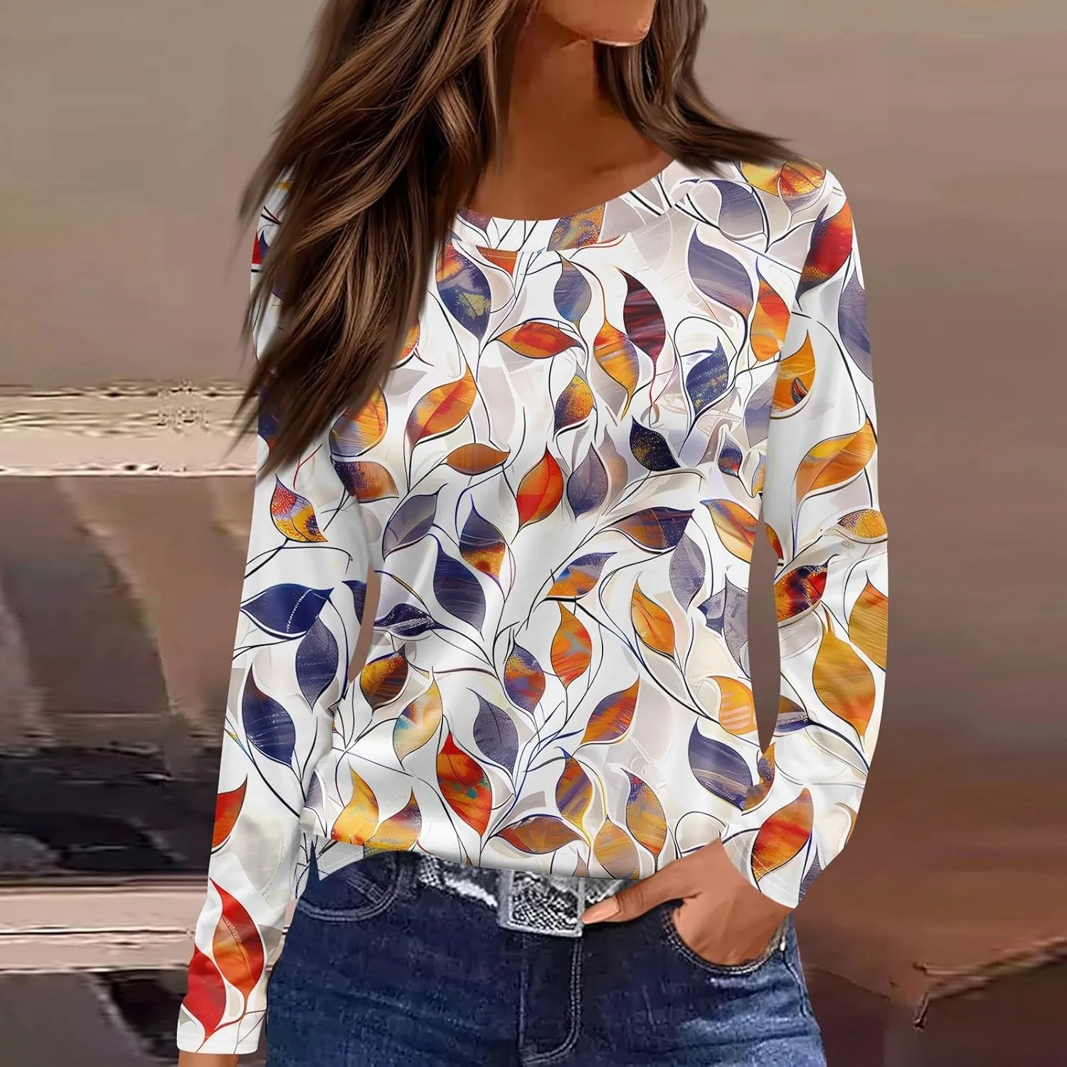 Long Sleeve Shirts for Women - Womens T Shirts Long Sleeve Crew Neck Shirts Basic Tee Sort Comfy Floral Printed Tops