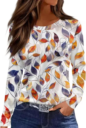 Long Sleeve Shirts for Women - Womens T Shirts Long Sleeve Crew Neck Shirts Basic Tee Sort Comfy Floral Printed Tops