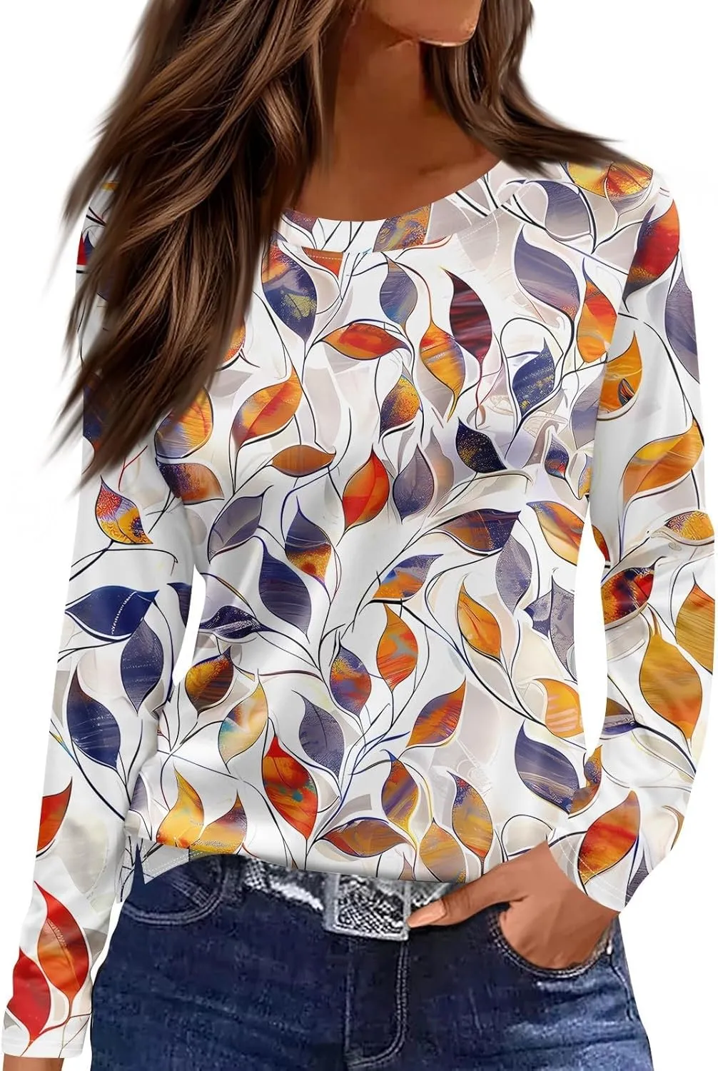 Long Sleeve Shirts for Women - Womens T Shirts Long Sleeve Crew Neck Shirts Basic Tee Sort Comfy Floral Printed Tops