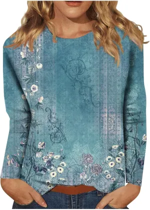 Long Sleeve Shirts for Women - Womens T Shirts Long Sleeve Crew Neck Shirts Basic Tee Sort Comfy Printed Tops Blouse